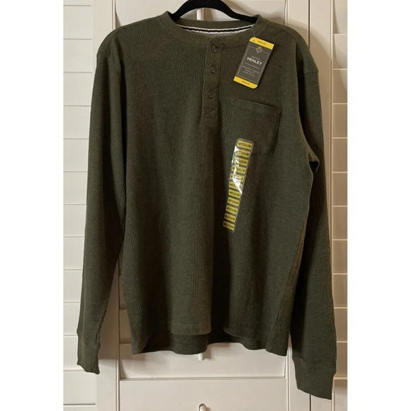 Members Mark Henley Army Green Medium Thermal Shirt Top Long Sleeve Pocket NEW - Picture 1 of 6